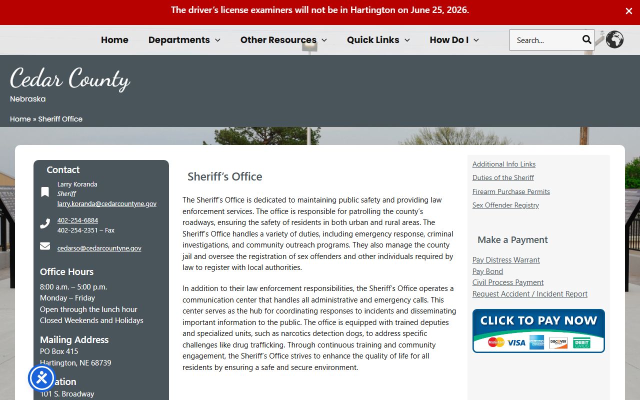 Cedar County Jail inmate lookup contact page through the sheriff's office