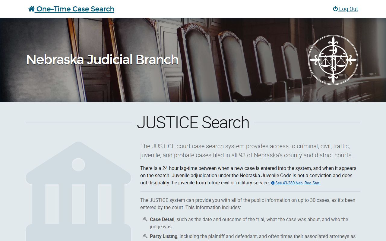 Nebraska JUSTICE case search page for court records