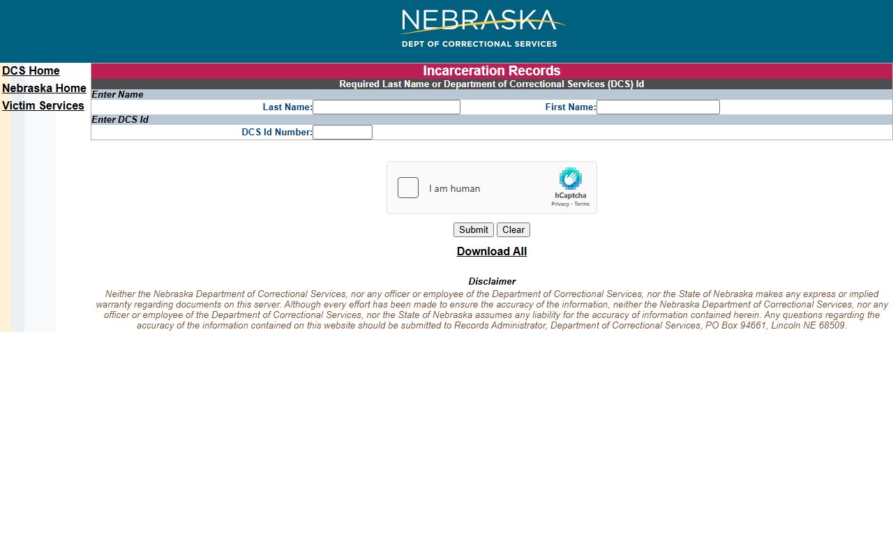 NDCS locator fields for Cedar County sentenced inmate records