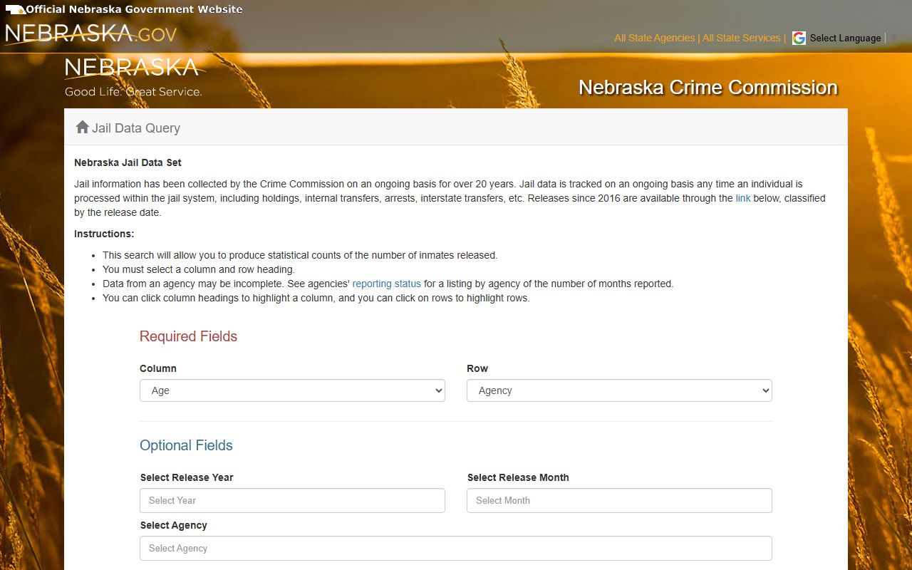 Nebraska Jail Data Query fields for Cedar County inmate population statistics